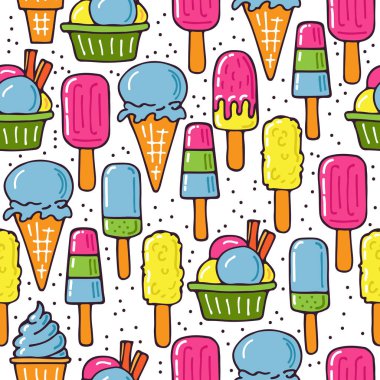 Dondurma seamless modeli. Tasarım öğesi Cafe menü, tekstil baskı veya hediye paketi. Elle çizilmiş stili.