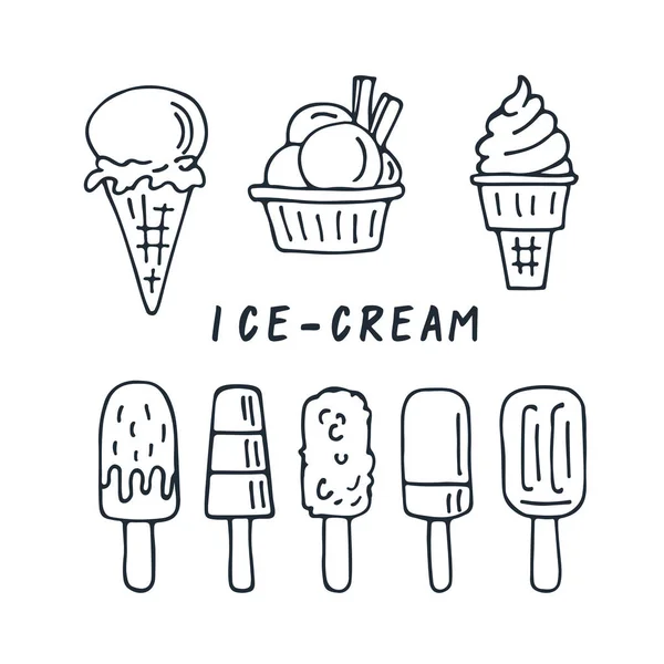 Ice Cream Collectie Geïsoleerd Een Witte Achtergrond Ontwerpelementen Voor Café — Stockvector