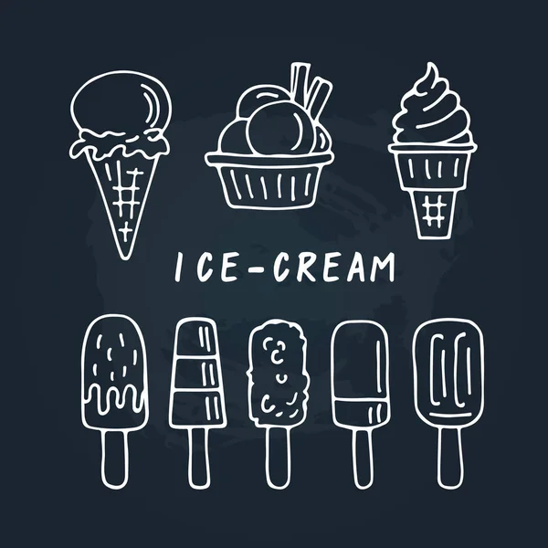Ice Cream Collectie Geïsoleerd Het Schoolbord Achtergrond Ontwerpelementen Voor Café — Stockvector