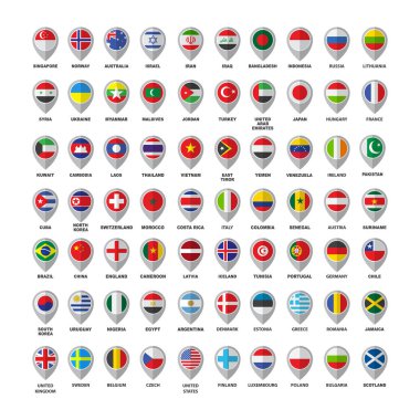 Beyaz arka plan üzerinde izole 70 ülke bayrakları kümesi. Avrupa, Asya, Güney Amerika, Kuzey Amerika, İskandinavya, Avustralya, Afrika. İşaretçiler eşleyin. Düz tasarım koleksiyonu.