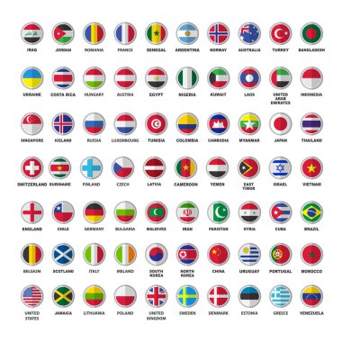 Beyaz arka plan üzerinde izole 70 ülke bayrakları kümesi. Avrupa, Asya, Güney Amerika, Kuzey Amerika, İskandinavya, Avustralya, Afrika. Düz tasarım koleksiyonu.
