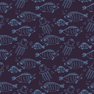 Sevimli balık ve deniz anası seamless modeli. Hediye paketi, tekstil baskı ya da ev dekor tasarım öğesi. Elle çizilmiş stili.