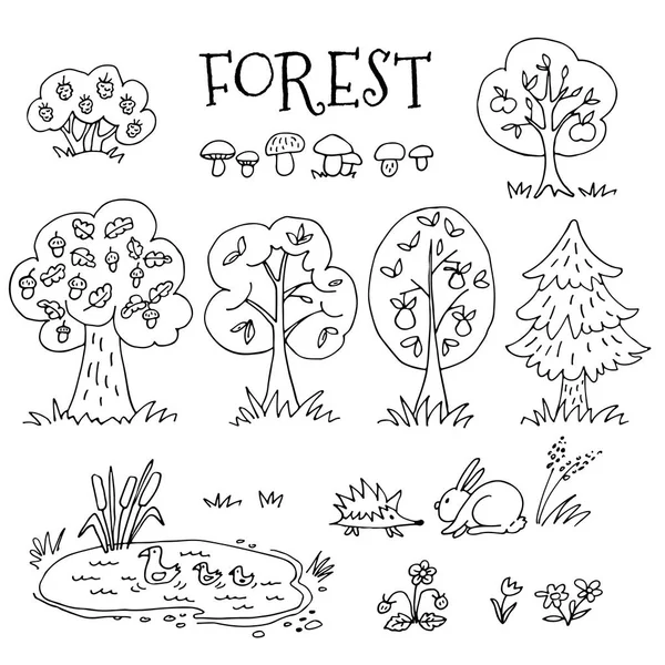 Colección Forestal Verano Animales Salvajes Árboles Aislados Sobre Fondo Blanco — Vector de stock