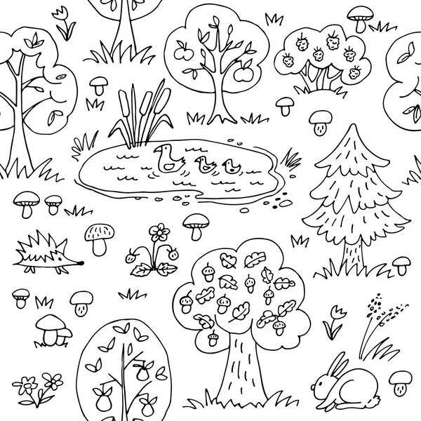 夏の森 野生動物や木々 とのシームレスなパターン 手描きスタイル 繊維印刷用要素またはギフト用包装紙をデザインします — ストックベクタ