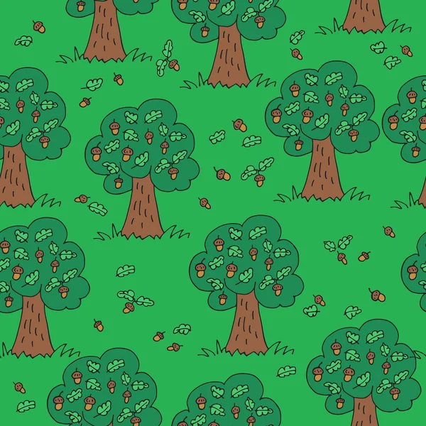 緑夏木立 ドングリと木のシームレスなパターン 手描きスタイル 繊維印刷用要素またはギフト用包装紙をデザインします — ストックベクタ