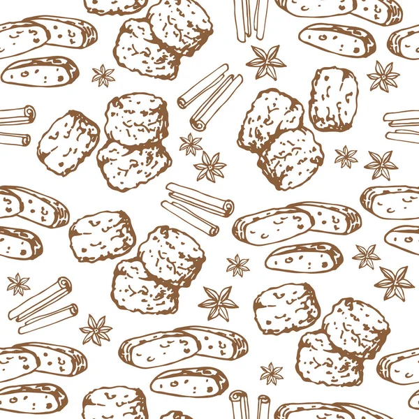 白い背景にスコーンとビスコッティ クッキー テキスタイル プリント ギフト用包装紙や壁紙のシームレス パターン — ストックベクタ