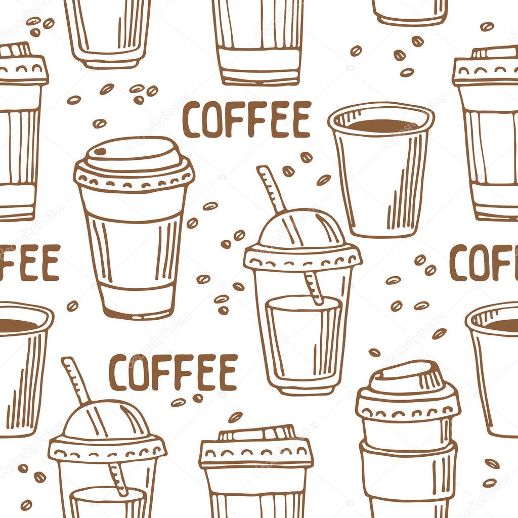 Coffee to go on white background. Seamless pattern for textile prints, gift wrap or wallpaper.