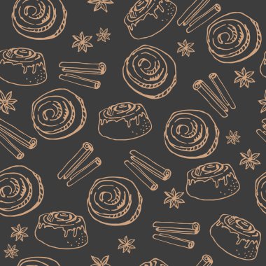 Tarçınlı çörek koyu arka plan üzerinde. Tekstil baskı, hediye paketi veya duvar kağıdı için seamless modeli.