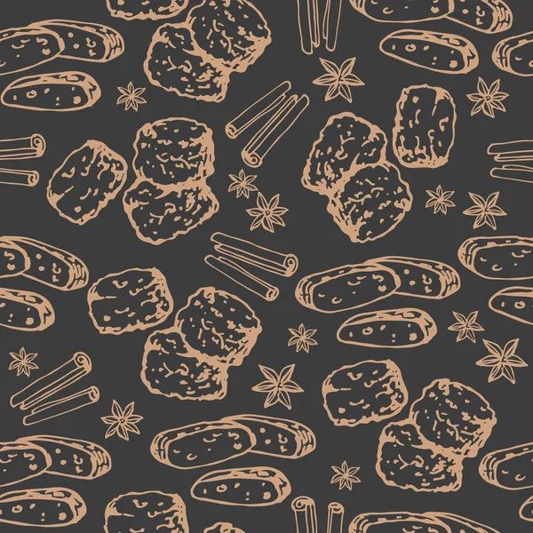 暗い背景にスコーンとビスコッティ クッキー テキスタイル プリント ギフト用包装紙や壁紙のシームレス パターン — ストックベクタ