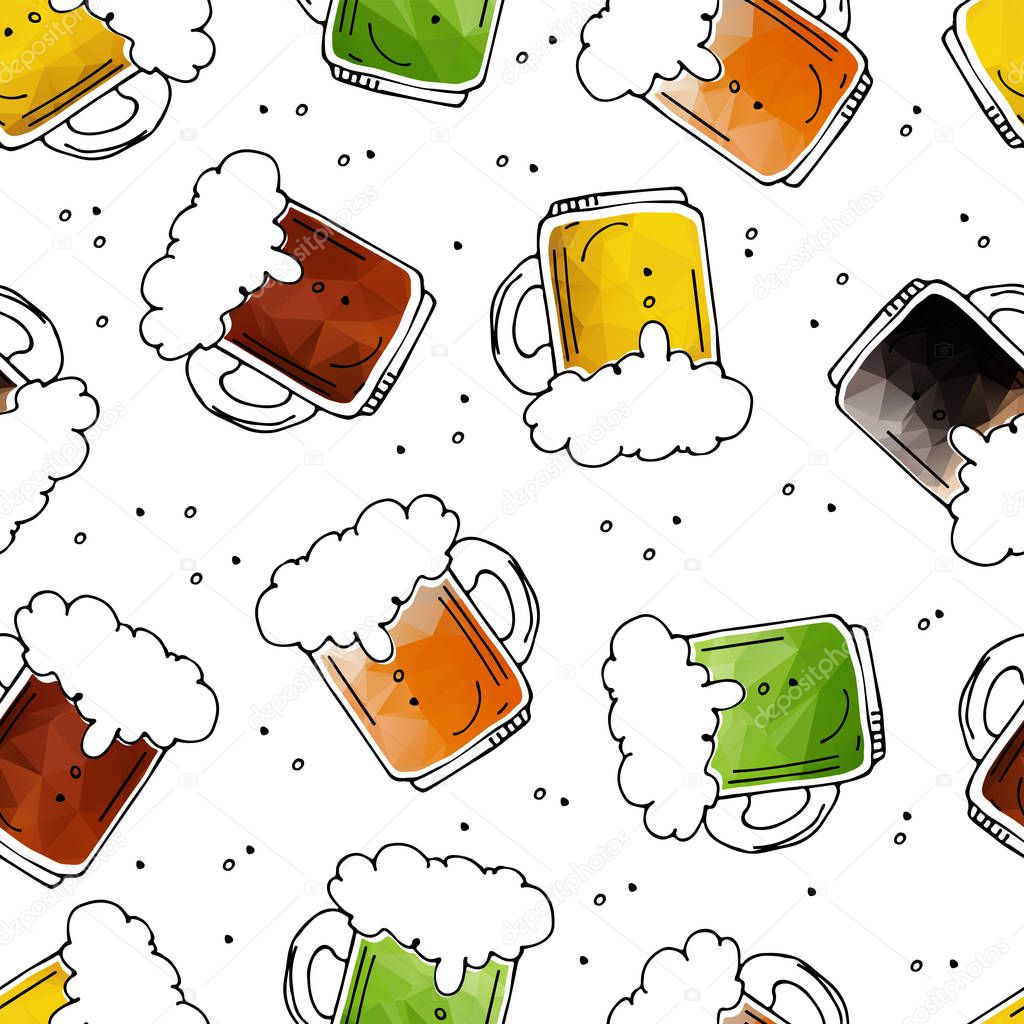 Seamless pattern with hand drawn beer mugs on white background. Design element for fabric or gift wrap.