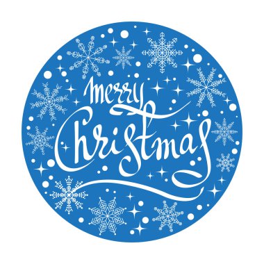 Mavi kar arka plan neşeli Noel yazı. Yeni yıl ve Christmas illüstrasyon. Tasarım öğesi için tebrik kartları ve dekorasyon.