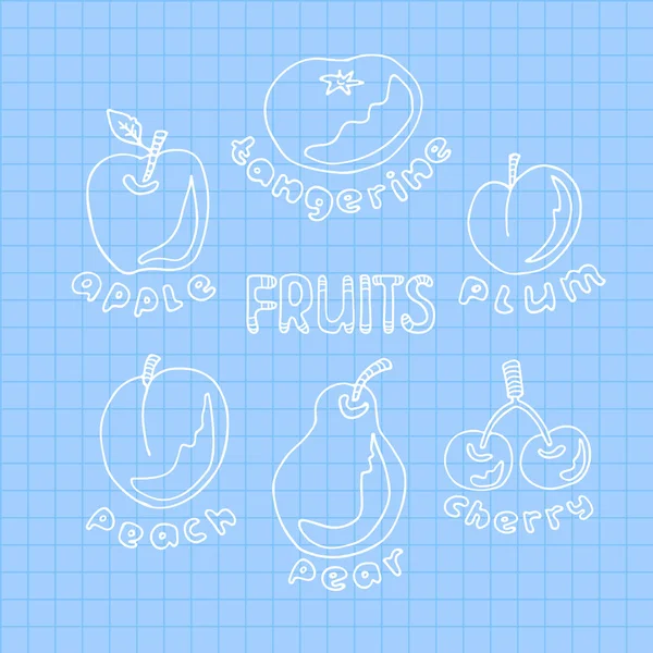 Frutos Dibujados Mano Fijados Enhoja Papel Cuadrada Azul Estilo Doodle — Vector de stock