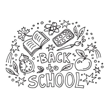 Eğitim kavramı. Elle çizilmiş okul sembolleri ile geri okul yazı ile Okul arka plan.