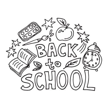 Eğitim kavramı. Elle çizilmiş okul sembolleri ile geri okul yazı ile Okul arka plan.