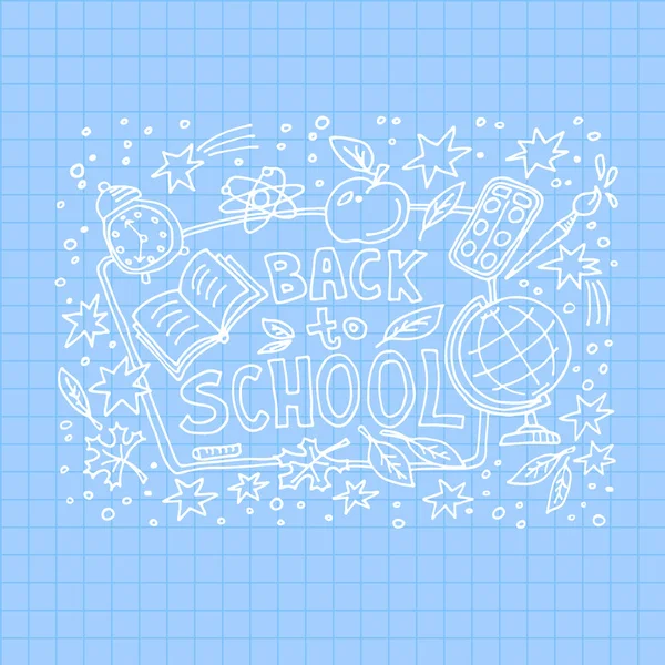 Konzept Der Bildung Schulhintergrund Mit Handgezeichneten Schulsymbolen Mit Schulschriftzug — Stockvektor