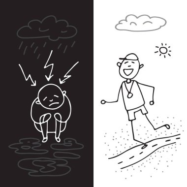 Mesleki Tükenmişlik sendromu sembol ve ruh sağlığının korunması. İnsanlar kümesi. Doodle tarzı. Tasarım öğeleri için broşür veya web yayını.