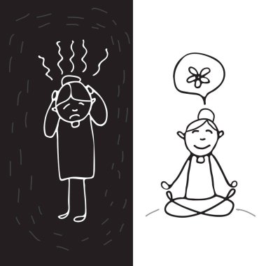 Mesleki Tükenmişlik sendromu sembol ve ruh sağlığının korunması. İnsanlar kümesi. Doodle tarzı. Tasarım öğeleri için broşür veya web yayını.