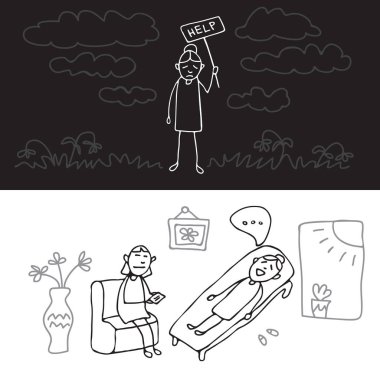 Mesleki Tükenmişlik sendromu sembol ve ruh sağlığının korunması. İnsanlar kümesi. Doodle tarzı. Tasarım öğeleri için broşür veya web yayını.