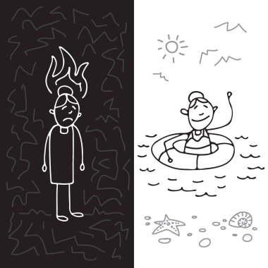 Mesleki Tükenmişlik sendromu sembol ve ruh sağlığının korunması. İnsanlar kümesi. Doodle tarzı. Tasarım öğeleri için broşür veya web yayını.