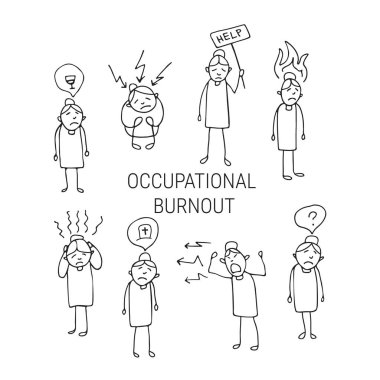 Mesleki Tükenmişlik sendromu sembolleri. İnsanlar kümesi. Doodle tarzı. Tasarım öğeleri için broşür veya web yayını.