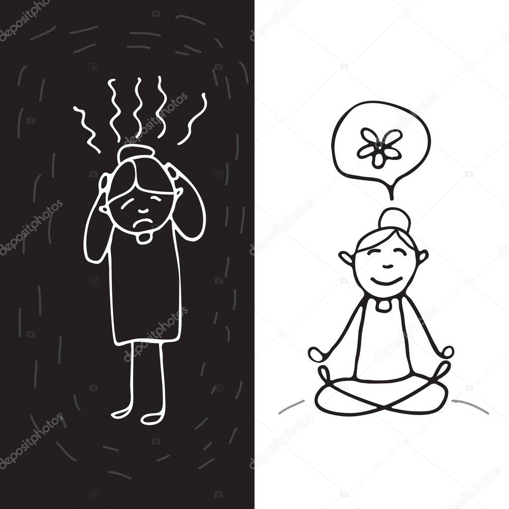 Occupational burnout syndrome symbol and mental health prevention. Set of people. Doodle style. Design elements for brochures or web publication.