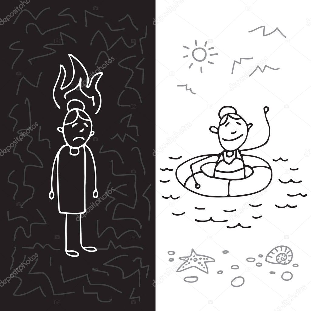 Occupational burnout syndrome symbol and mental health prevention. Set of people. Doodle style. Design elements for brochures or web publication.