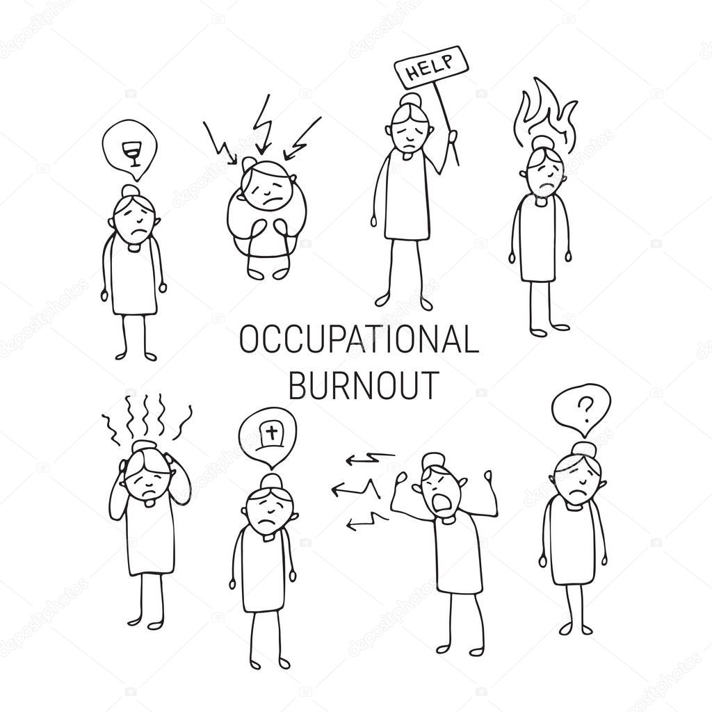 Occupational burnout syndrome symbols. Set of people. Doodle style. Design elements for brochures or web publication.