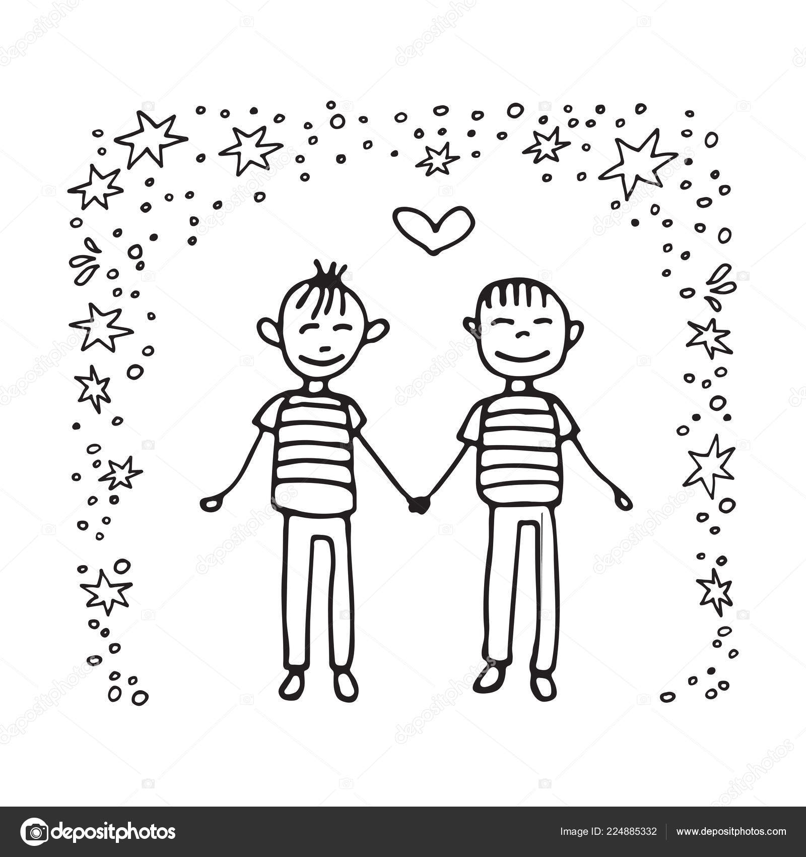 Happy Teenage Gay Couple Boys Couple Doodle Style Design Element