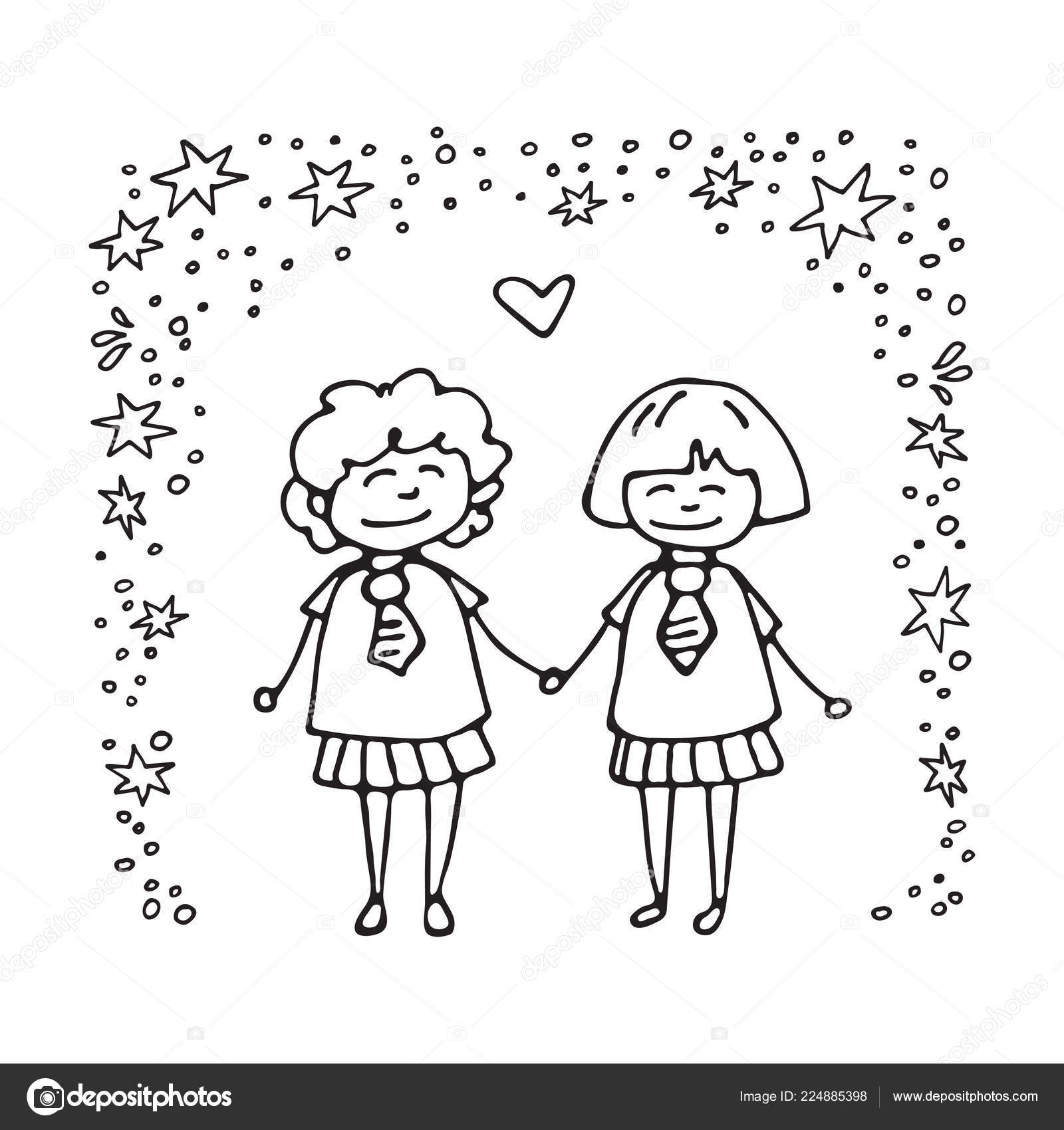 Happy Teenage Gay Couple Boys Couple Doodle Style Design Element