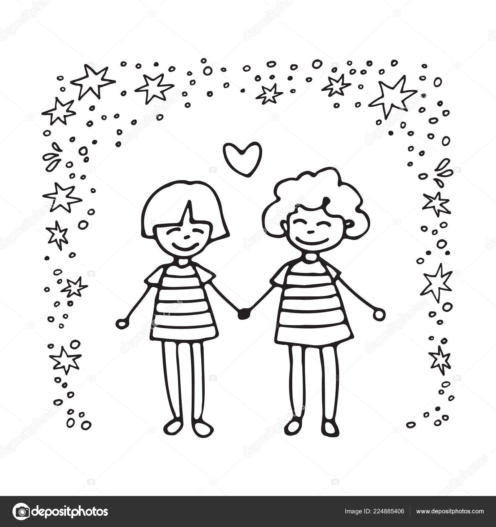 Happy Teenage Gay Couple Boys Couple Doodle Style Design Element