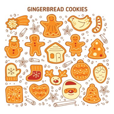 Noel sevimli gingerbread çerezleri üzerinde izole beyaz arka plan ayarlayın. Doodle tarzı. Tebrik kartları, broşür, poster, afiş ve ev dekorasyonu için tasarım öğeleri. Tatil sembolleri.