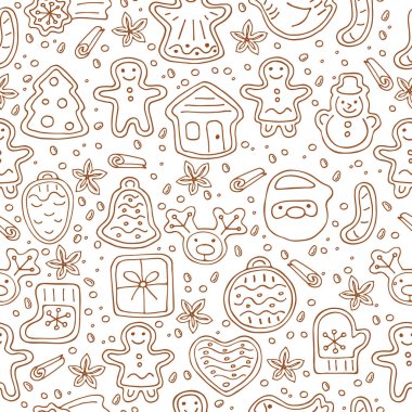 Beyaz arka plan üzerinde izole sevimli gingerbread çerezleri ile Seamless modeli. Doodle tarzı. Kağıt, duvar kağıdı veya tekstil baskı kaydırma öğesi tasarım.