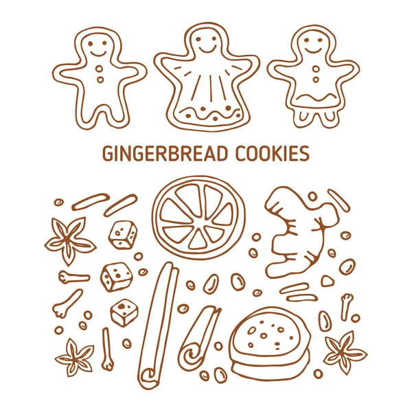 Christmas Cute Gingerbread Cookies Spices Isolated White Background Doodle Style — Stock Vector