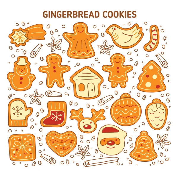 Christmas Cute Gingerbread Cookies Set Isolated White Background Doodle Style — Stock Vector