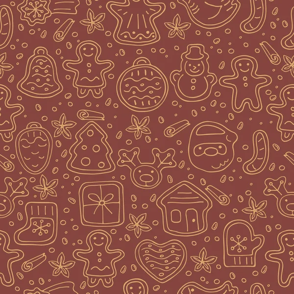 Seamless Pattern Cute Gingerbread Cookiesand Spices Doodle Style Design Element — Stock Vector