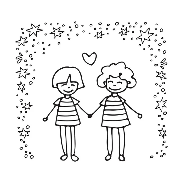 Mutlu Genç Gay Çift Çocuklar Bir Çift Doodle Tarzı Tasarım — Stok Vektör