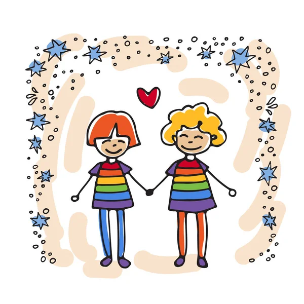 Mutlu Genç Gay Çift Çocuklar Bir Çift Doodle Tarzı Tasarım — Stok Vektör