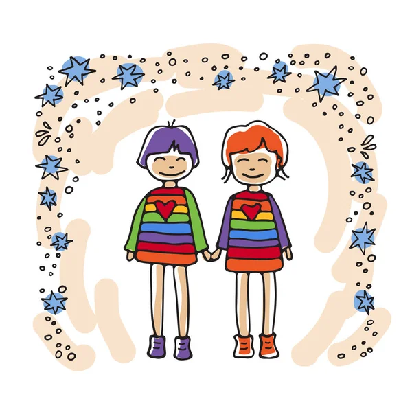 Felice Coppia Gay Adolescente Coppia Ragazzi Stile Doodle Elemento Design — Vettoriale Stock