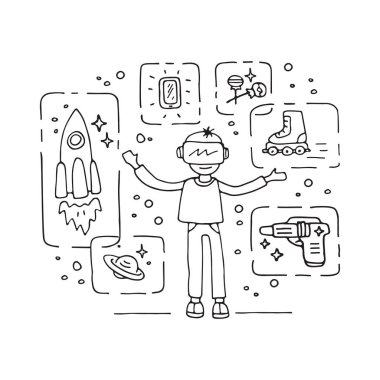 Sanal gerçeklik teen için. Simgeler kümesi: roket, blaster, tekerlekli paten, lolly çıkar, smartphone. Oyunlar, eğlence, eğlenceli ve yardımcı programı. Tasarım öğesi poster, afiş ve broşürler. VR kavramı.