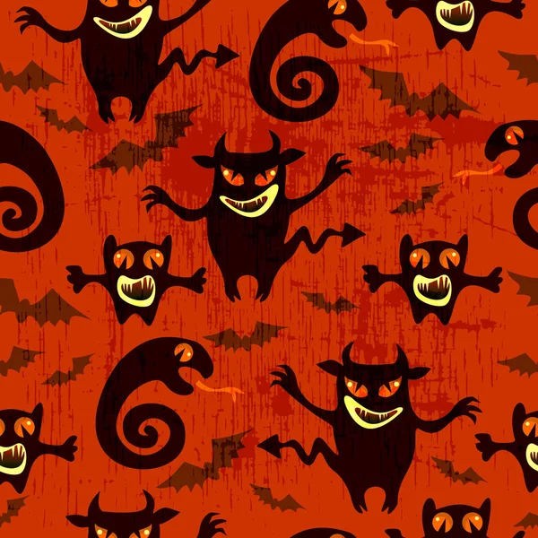 可爱的可怕的万圣节怪物与蝙蝠在橙色的背景 无缝模式 扁平的风格 设计元素包装纸 墙纸或纺织品印花 — 图库矢量图片