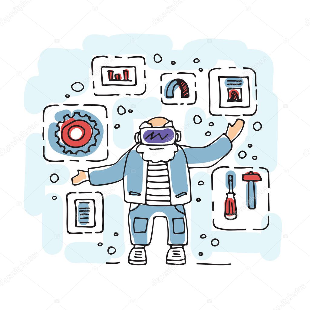 Virtual reality for old man. Symbols set: gear, magnet, hammer, screwdriver. Mechanics, repair and construction. Design element for posters, banners or leaflets. VR concept.