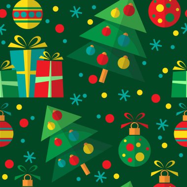 Noel ağacı, tatil dekorasyon ve hediye kutuları ile Seamless modeli. Düz tasarım. Hediye paketi veya kumaş tasarım öğesi.