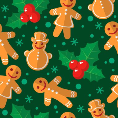 Noel gingerbread çerezleri ve holly berry ile Seamless modeli. Düz tasarım. Hediye paketi veya kumaş tasarım öğesi.