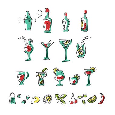Kokteyl bar simgeler kümesi: shaker, Gözlük, içecekler, alkol içecekler, meyve ve baharat malzemeler. Doodle tarzı. Tasarım öğesi çıkartmalar, broşür ve kitapçıklar.