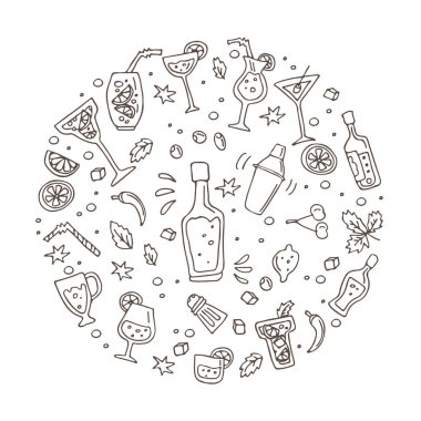 Kokteyl bar simgeler kümesi: shaker, Gözlük, içecekler, alkol içecekler, meyve ve baharat malzemeler. Doodle tarzı. Tasarım öğesi çıkartmalar, broşür ve kitapçıklar.
