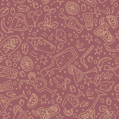 Kokteyl bar ile Seamless modeli simgeler kümesi: shaker, Gözlük, içecekler, alkol içecekler, meyve ve baharat malzemeler. Doodle tarzı. Tasarım öğesi için kumaş ya da hediye sarma.