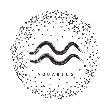 Yıldız ile beyaz arka plan üzerinde kova izole burç. Zodyak takımyıldızı. Astroloji ve astrolojik tahmin için öğe tasarlayın. Doodle stili.