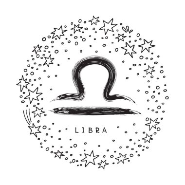 Yıldız ile beyaz arka plan üzerinde terazi izole burç. Zodyak takımyıldızı. Astroloji ve astrolojik tahmin için öğe tasarlayın. Doodle stili.