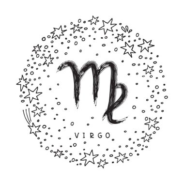 Başak yıldız ile beyaz arka plan üzerinde izole burç. Zodyak takımyıldızı. Astroloji ve astrolojik tahmin için öğe tasarlayın. Doodle stili.