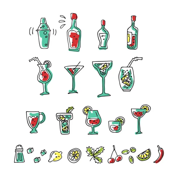 Set Símbolos Barra Cócteles Coctelera Vasos Bebidas Bebidas Alcohólicas Frutas — Vector de stock